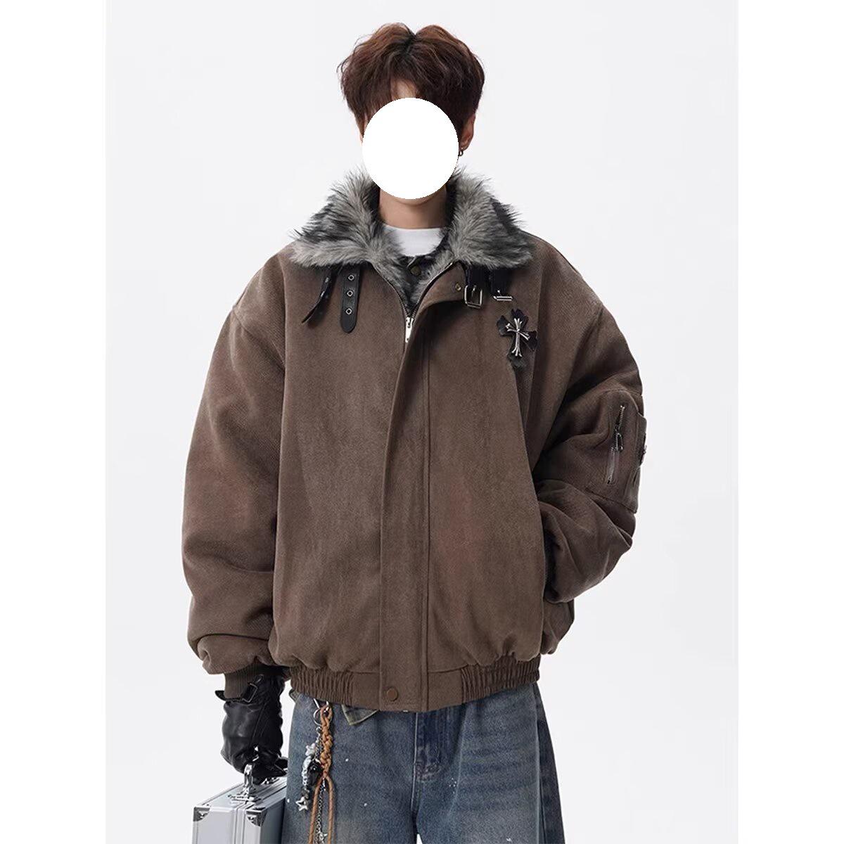 

Men s Fur Collar Mountain Eagle Cotton Jacket, Niche Design, Cross Plus Velvet, Thick Winter Coat M темно-коричневого кольору