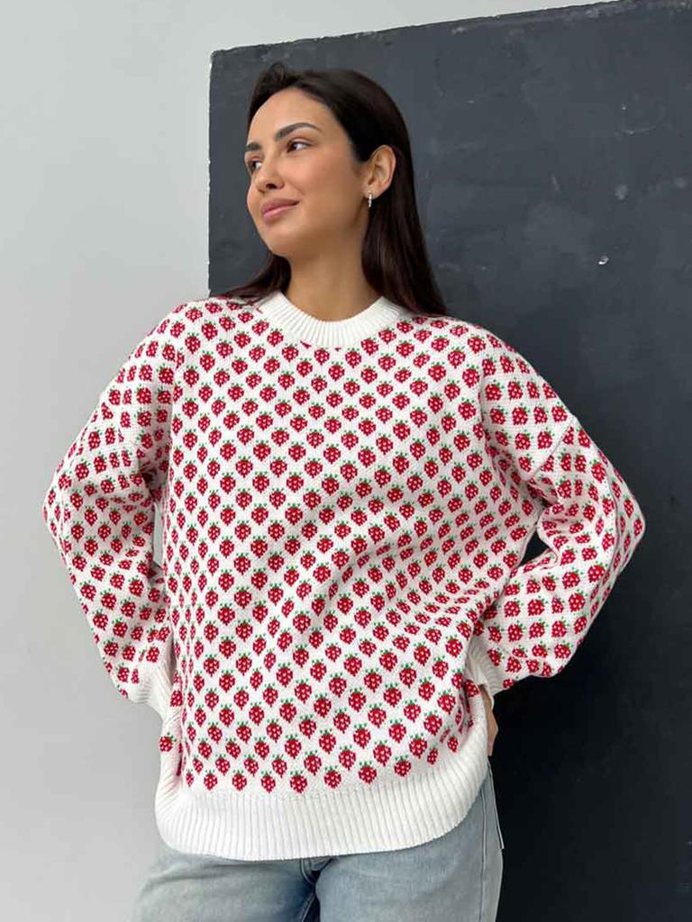Strawberry Jacquard Sweater Women 2026 Fall Winter New Crew Neck Pullover Knit Top Loose Print