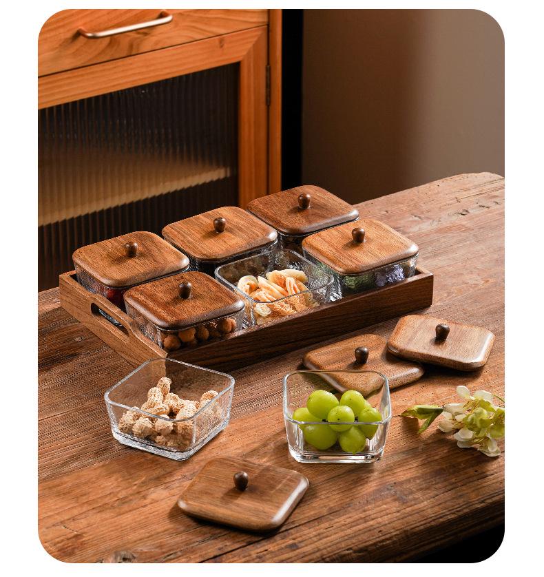 Compartmented Walnut Wood and Glass Snack Tray