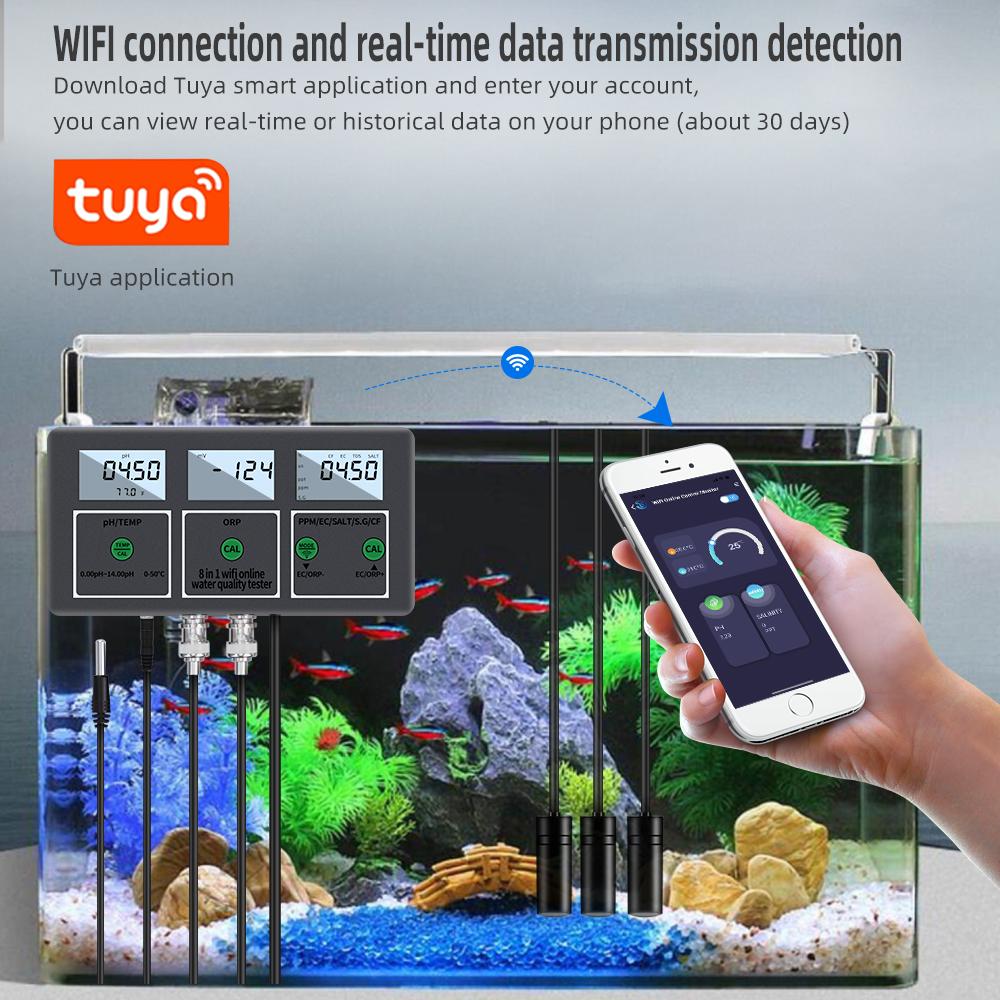 8 in1 Wifi Water Quality Tester Digital Display PH ORP EC CF TDS SALT S.G Temperature Sensors Meter Multifunction Smart Monitor