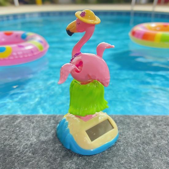 Cute Flamingo Solar Car Ornament Plastic Dashboard Decor with Automatic Swing Hawaiian Grass Skirt Design Car Desk Seaside Decoration Novelty Gift