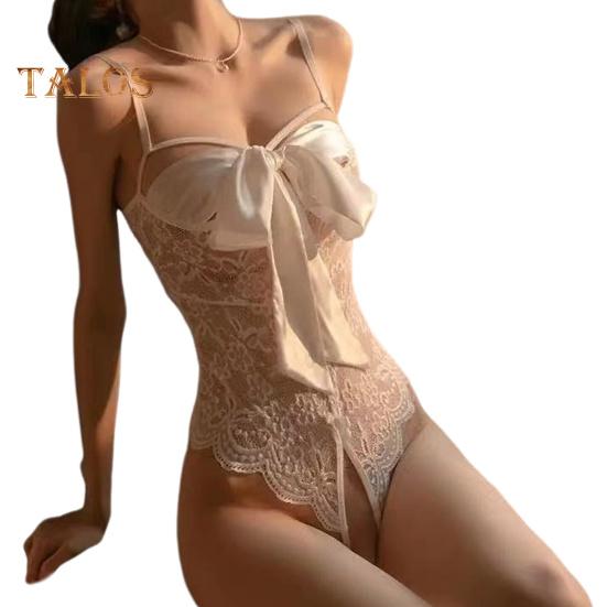 Body sexy para mujer con cordones, lazo, espalda descubierta, sin mangas, fino, transparente, con encaje, entrepierna abierta, bordado de flores, tirantes finos, ajustado, para boda y noche