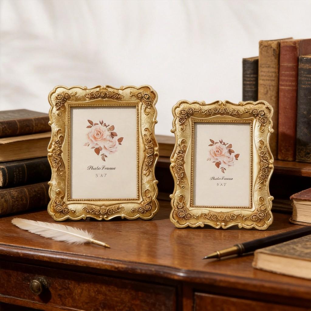 Vintage Resin Photo Frame With Gold Embossed Rose Pattern For Christmas And Anniversary Gifts