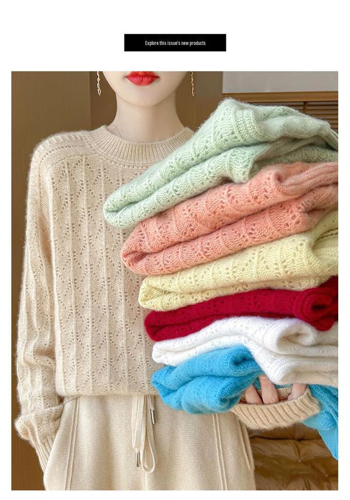 Women's Loose Wool Sweater - Half-High Neck, Diamond Cutout, Crocheted, 100% Pure Wool, Long Sleeve Knit