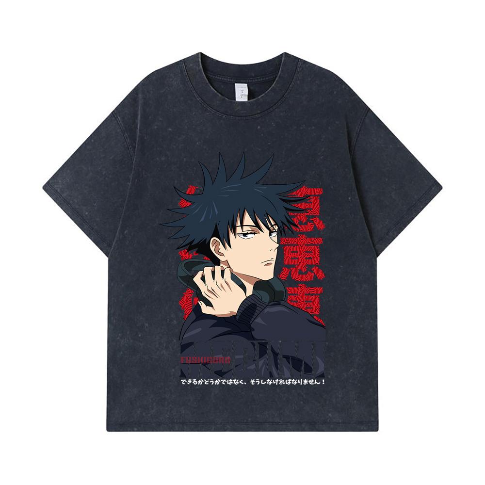 275 GSM Washed T-shirts 100% Cotton Jujutsu Kaisen V38 Megumi Print Unisex Heavy Cotton T Shirt