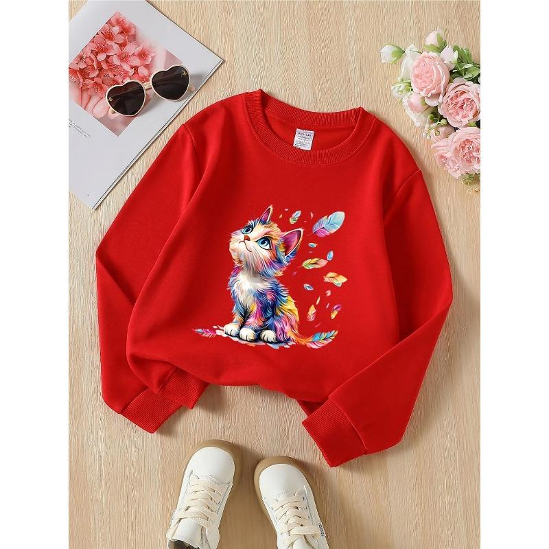 European sizes Kids' Crewneck Sweatshirt - Colorful Feathers Rainbow Cat Art Print , Sportswear And Casual Wear, Soft And Comfortable, Clothing