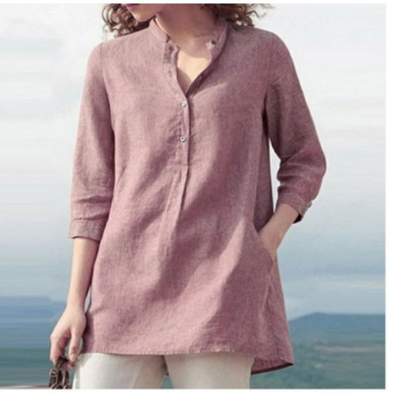 Spring and Autumn Women's Shirt Plus Size Solid Color Standing Collar Casual Pullover Top