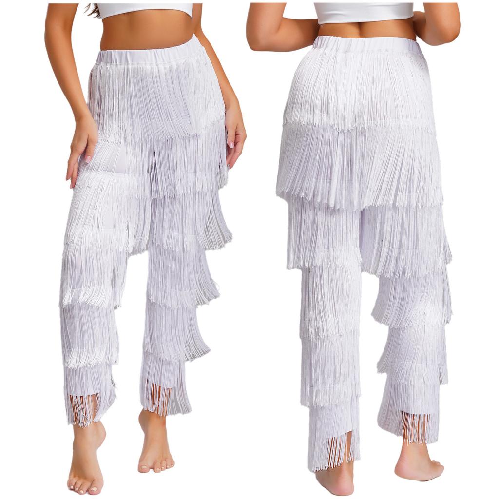 Women's Latin Dance Fringe Pants S-3XL: Elastic Waistband Contrast Color Tassel Trousers for Chacha Tango Rumba Dance Costume
