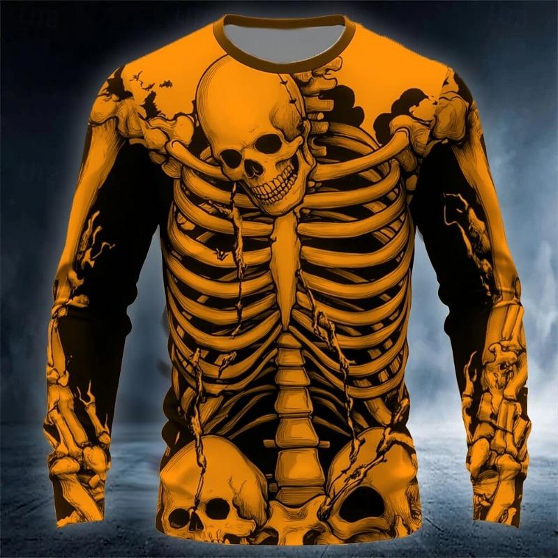 Skull Prints Long Sleeve T-Shirts for Men Gothic Trendy Streetwear Casual Tops Party Tee Clothing