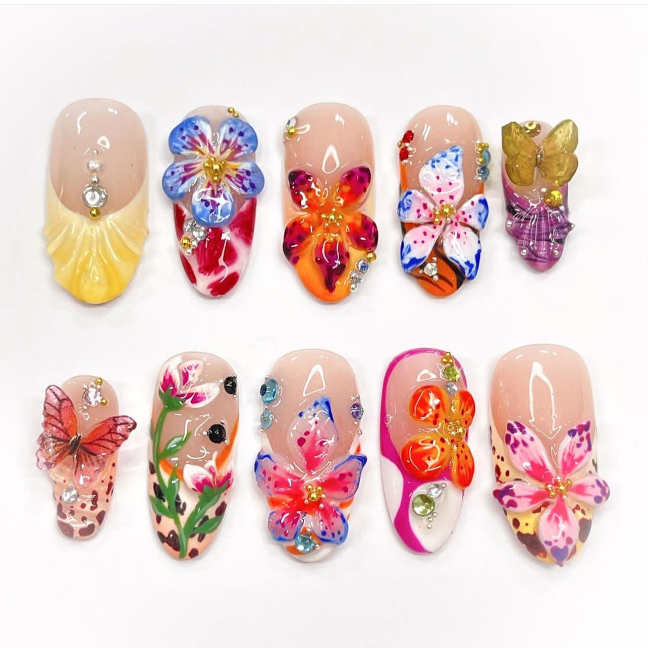 

3D Tropical Flower Nail Tips with Rhinestone Butterflies - Colorful French Fake Nails for Artistry