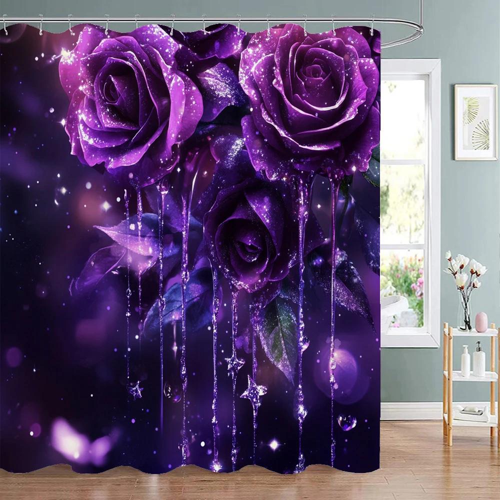 Shiny Purple Rose Flowers Shower Curtain, Bathroom Decorative Shower Curtain, Waterproof Shower Curtain with Hooks