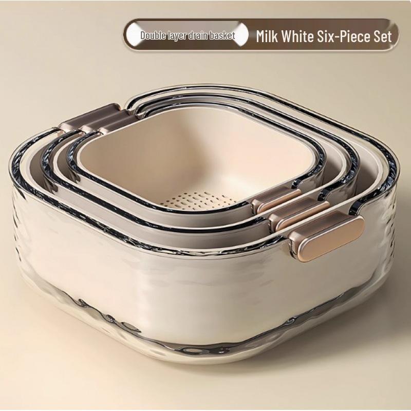 Double-Layer Plastic Kitchen Sink Basin & Draining Basket with Handle