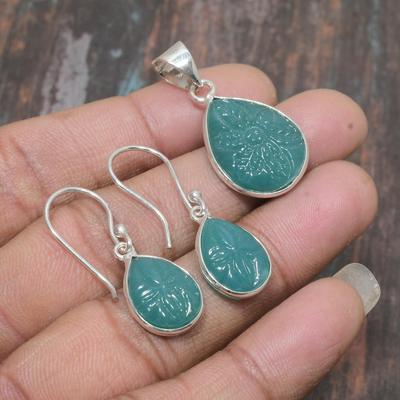 Green Onyx Gemstone Handmade Solid  925 Sterling Silver Pendant+Earring Jewelry Set