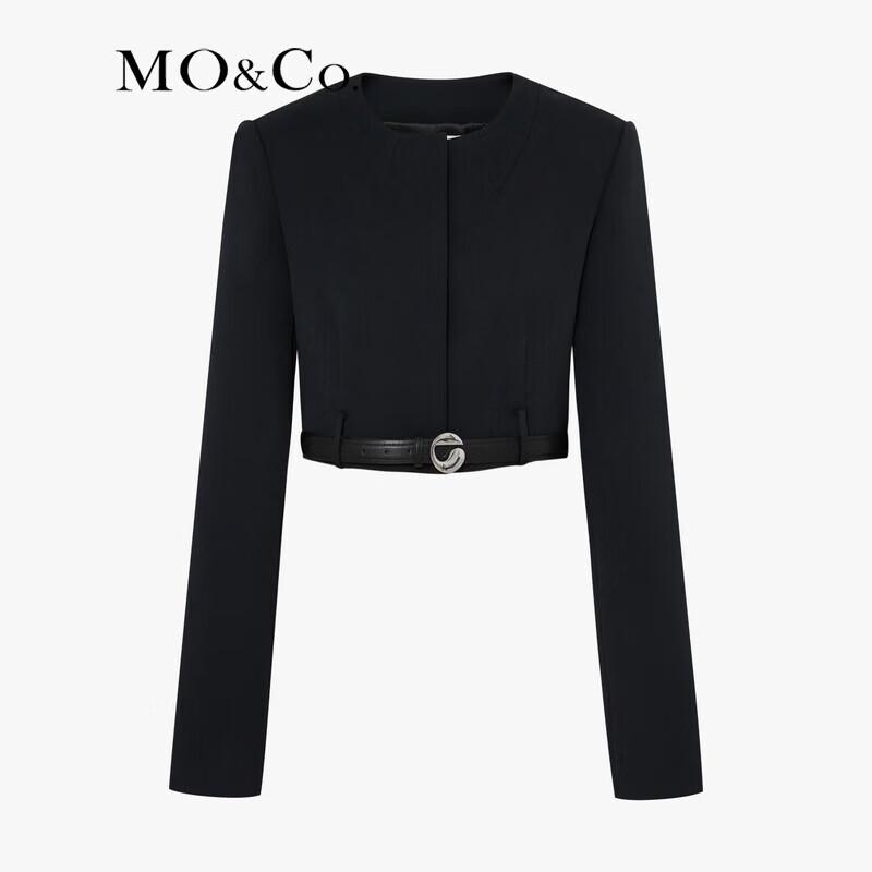 MO&Co. Padded Shoulder Short Boxy Jacket with Belt