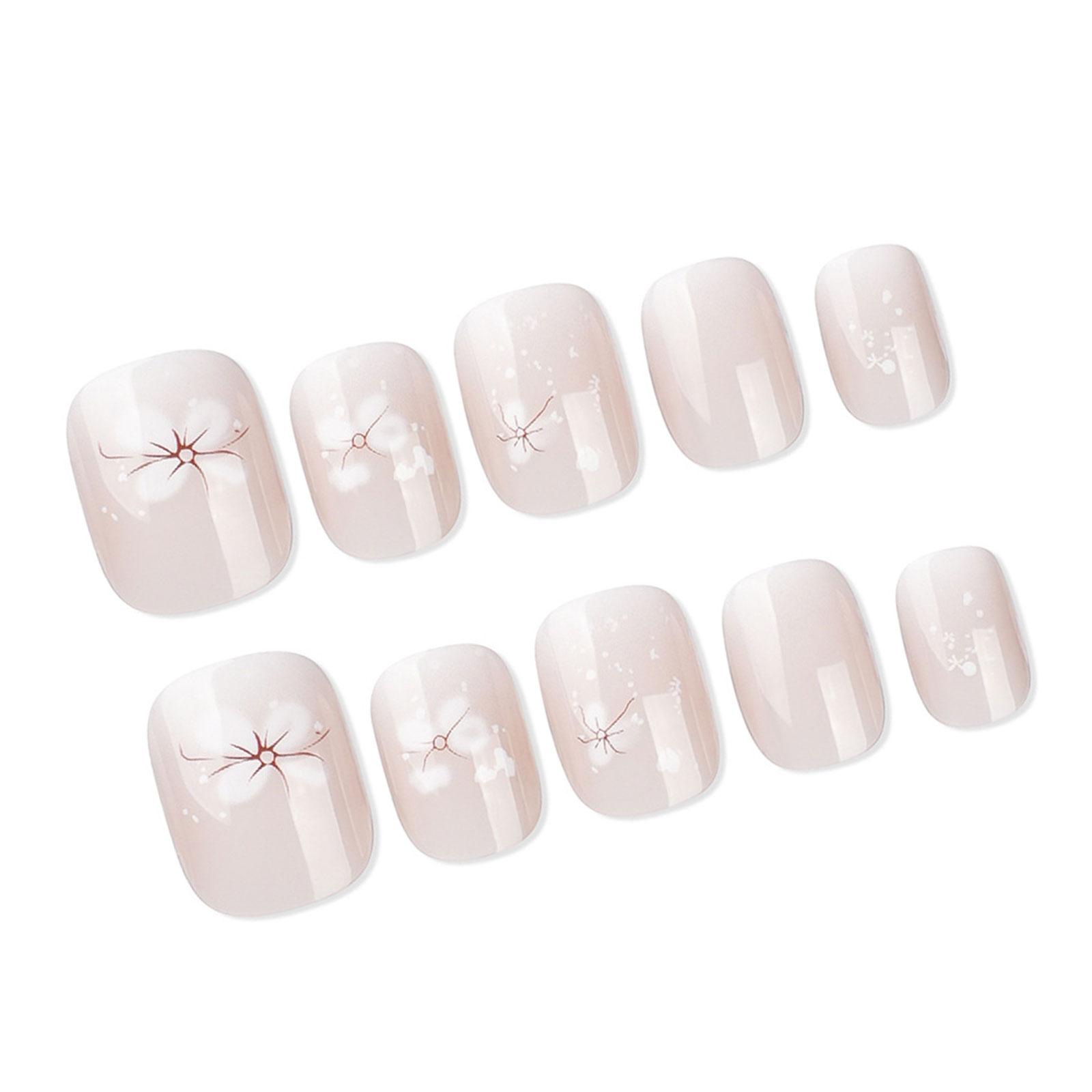 

24 шт. Короткие французские типсы для накладных ногтей с цветочным дизайном, полупрозрачные квадратные искусственные ногти, клеящиеся на ногти для женщин