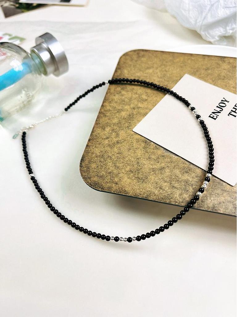 Náhrdelník z korálků z černého achátu ze sterlingového stříbra 925, korejský choker pro ženy