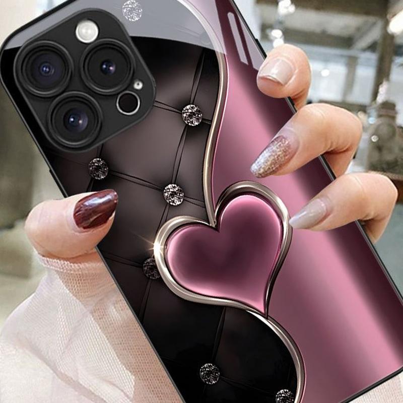 Pink Love Heart Pattern Tempered Glass Black Phone Case For Samsung Galaxy S26 S25 S24 S23 Ultra Plus FE Shockproof Cover