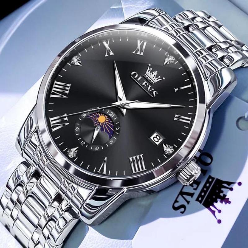 

OLEVS Водонепроницаемые светящиеся деловые часы с указанием даты и фазы Луны, мужские часы, трендовые модные оригинальные кварцевые наручные часы чёрный/серебряный