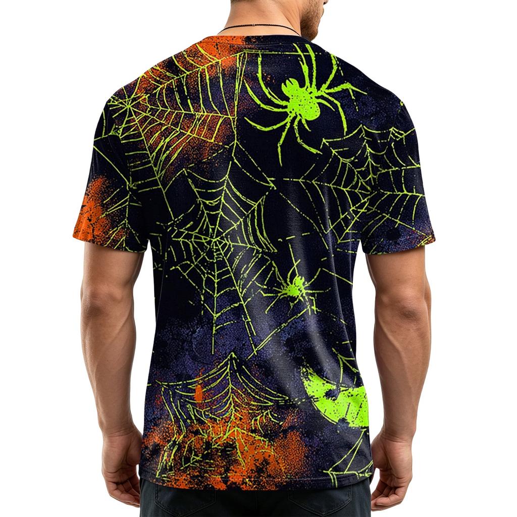 Men Casual Crew Neck Lightweight Breathable Short Sleeve T Shirt with Halloween Web Print for Daily Wear