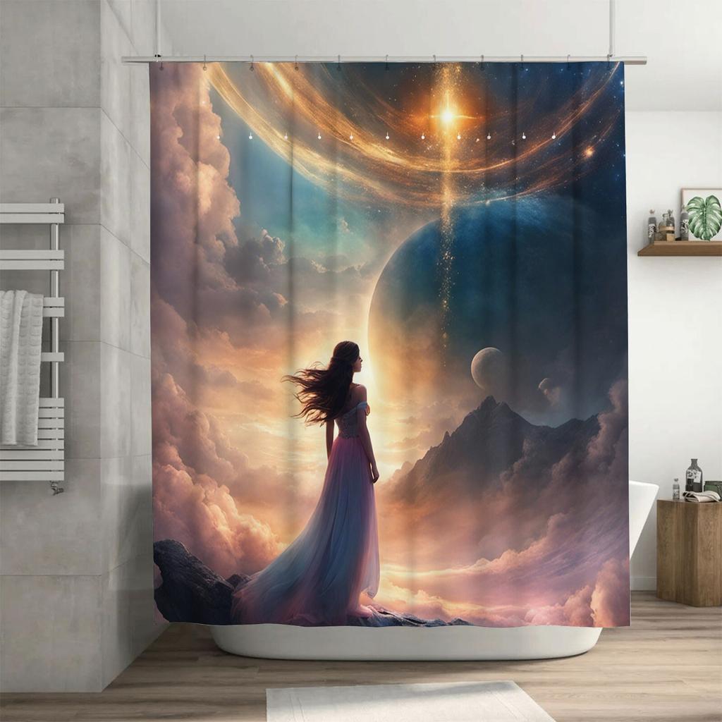 Ethereal Woman in Celestial Landscape Shower Curtain - Waterproof, Mildew-Resistant, Machine Washable for Dreamy Bathroom Decor