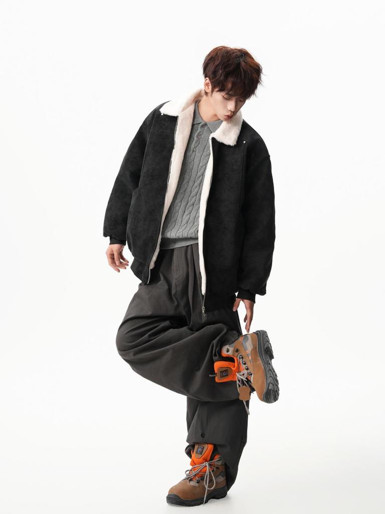 Men's Winter Barn Style Lambswool Cotton PU Leather Jacket, Thickened Warm Street Cool Workwear Coat