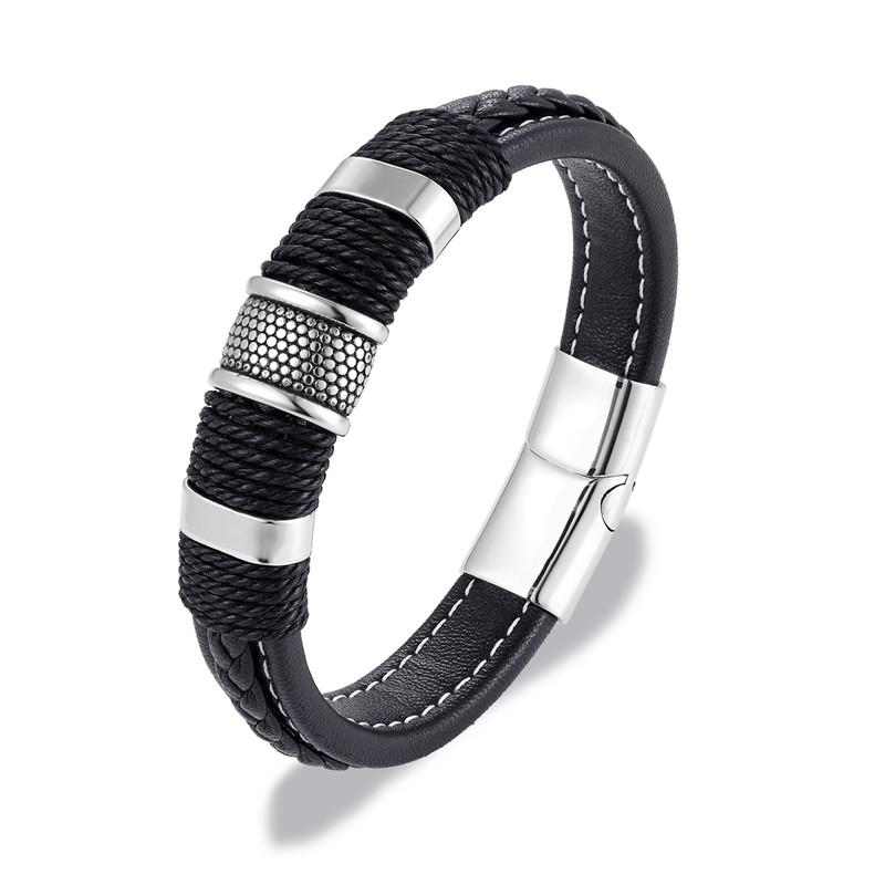 Punk Multilayer Braid Genuine Blue Leather Bracelet Titanium Stainless Steel Magnetic Buck Bracelet Men Homme Pulseras