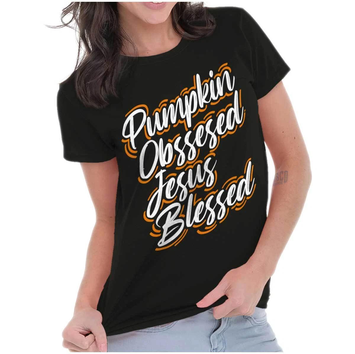 Christian Pumpkin Obsessed Jesus Blessed Womens Top Junior Graphic Tee S