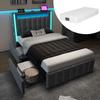 Gestoffeerd Bed met USB Type C Opladen, LED Verlichting en 2 Lades, Jeugdbed 90x200cm Enkel Bedframe, Houten Lattenbodem, Grijs (Met matras)