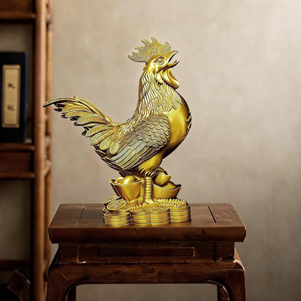 Aris & Juno Brass Rooster Feng Shui Statue – Chinese Wealth & Good Luck Figurine for Entryway, Home Office Desk or Shelf Decor, Gift for Boss,
