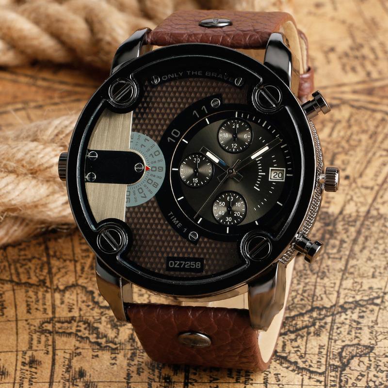 DZ Men's Quartz Watch: Fashionable Big Dial, European & American Style, Steel Band, Sporty Leather Strap.