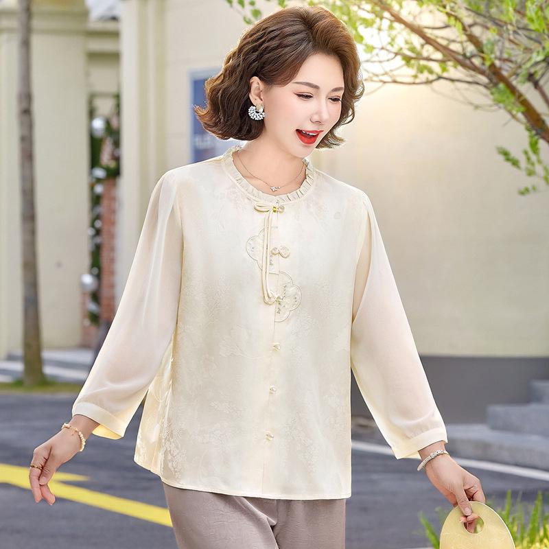 Mom's Elegant Chinese-Style Satin Embroidered Lace Shirt with Three-Quarter Sleeves
