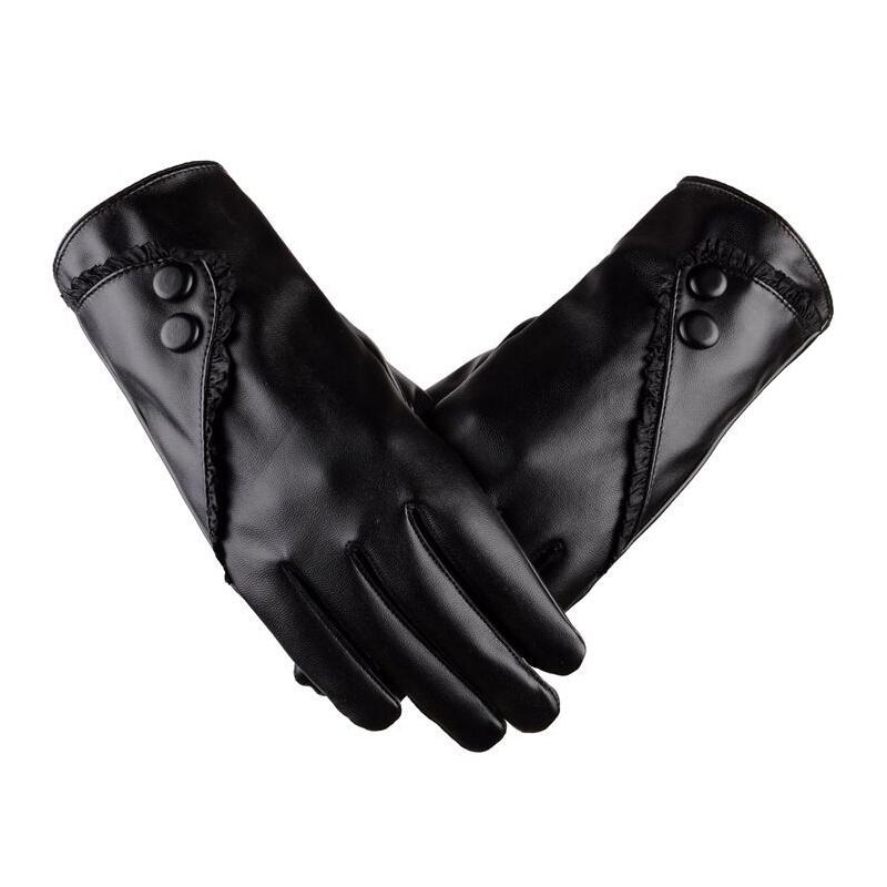 Winter Warmth Plus Velvet Short Thin Touch Screen Driving Women Leather Gloves