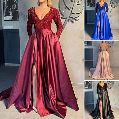 Women Evening Dress Low-cut V Neck Shiny Sequin Tight High Waist Split Hem A-line Big Swing Floor Length Satin Prom Wedding Party Lady Maxi Dress