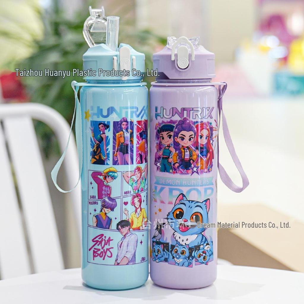 K-POP Demon Hunter Girl Cute Straw Water Bottle, Medium Size, Pop-up Sports Cup with Handle for Students.