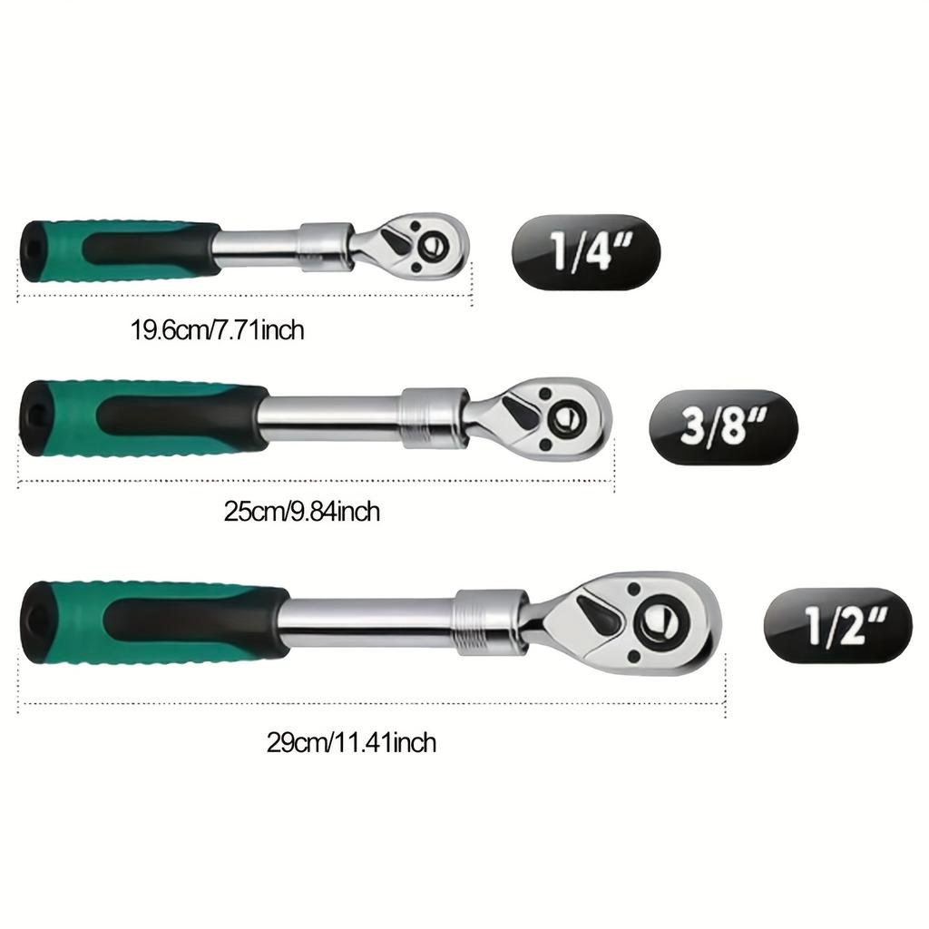 72-Tooth Ratchet Wrench Set, Chrome Vanadium Steel, Automatic Two-Way Mechanism, Stretchable, Ergonomic Grip, with Quick Socket