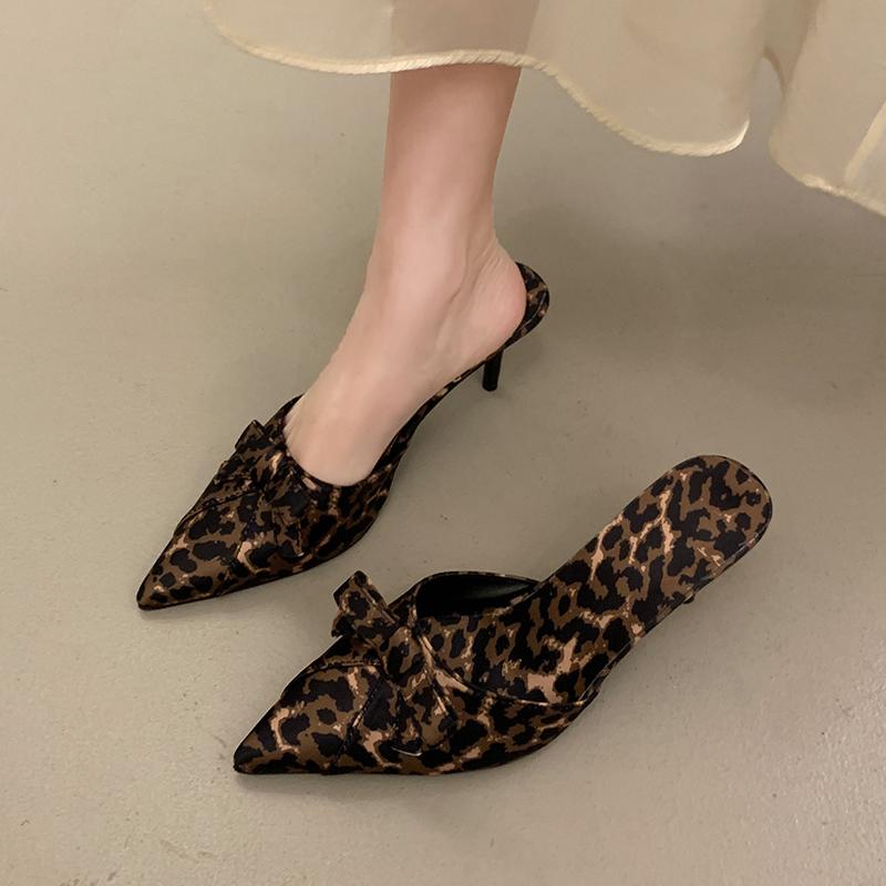 Fashion 2025 New High Quality Women Shoes Bow Knot Leopard Print High Heel Slippers Women Slippers Sandals