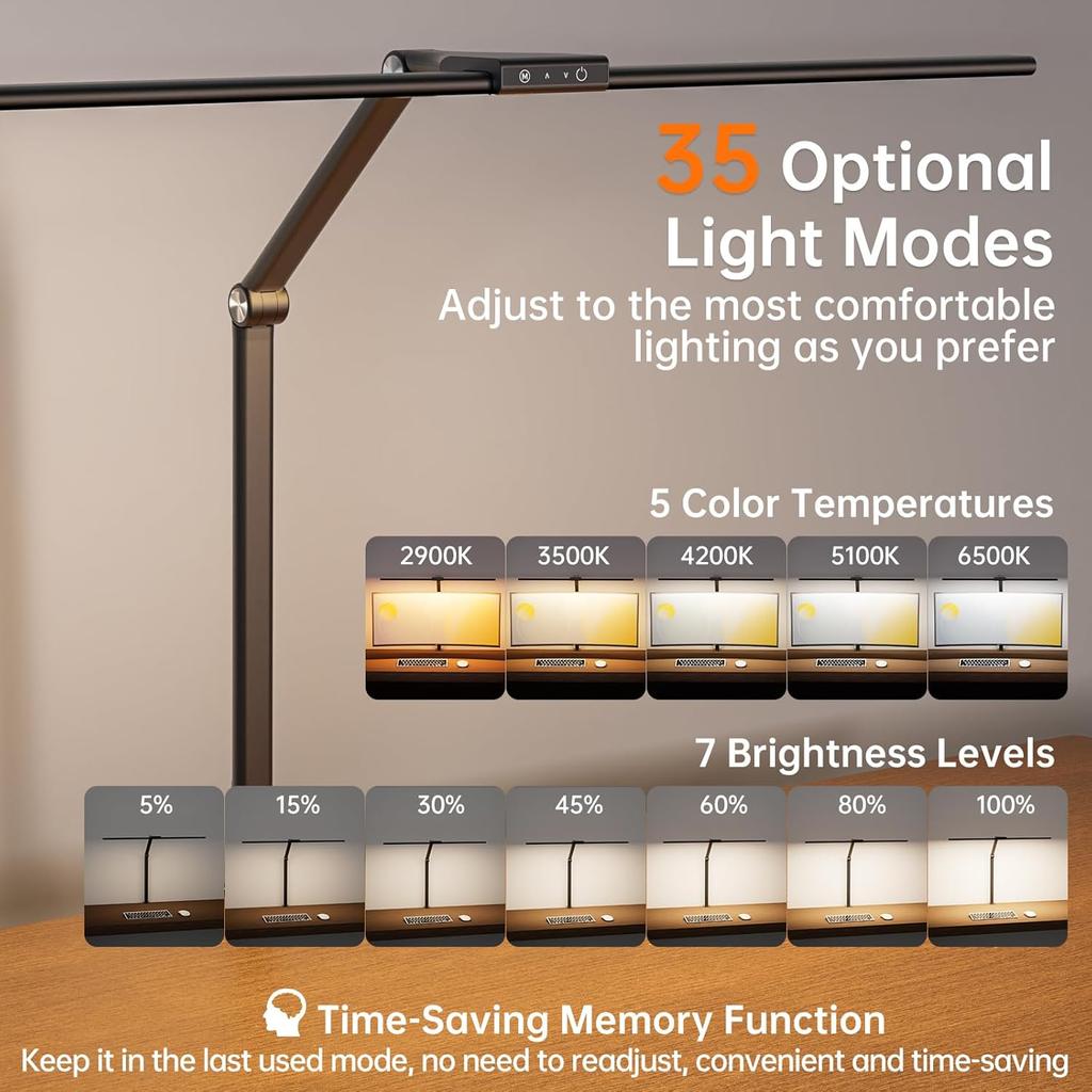 LED Desk Lamp for Home Office, 24W Eye-Caring Reading Light with Clamp, USB Charging Port, 7 Brightness 5 Color Mode, Memory Function, Auto-Off