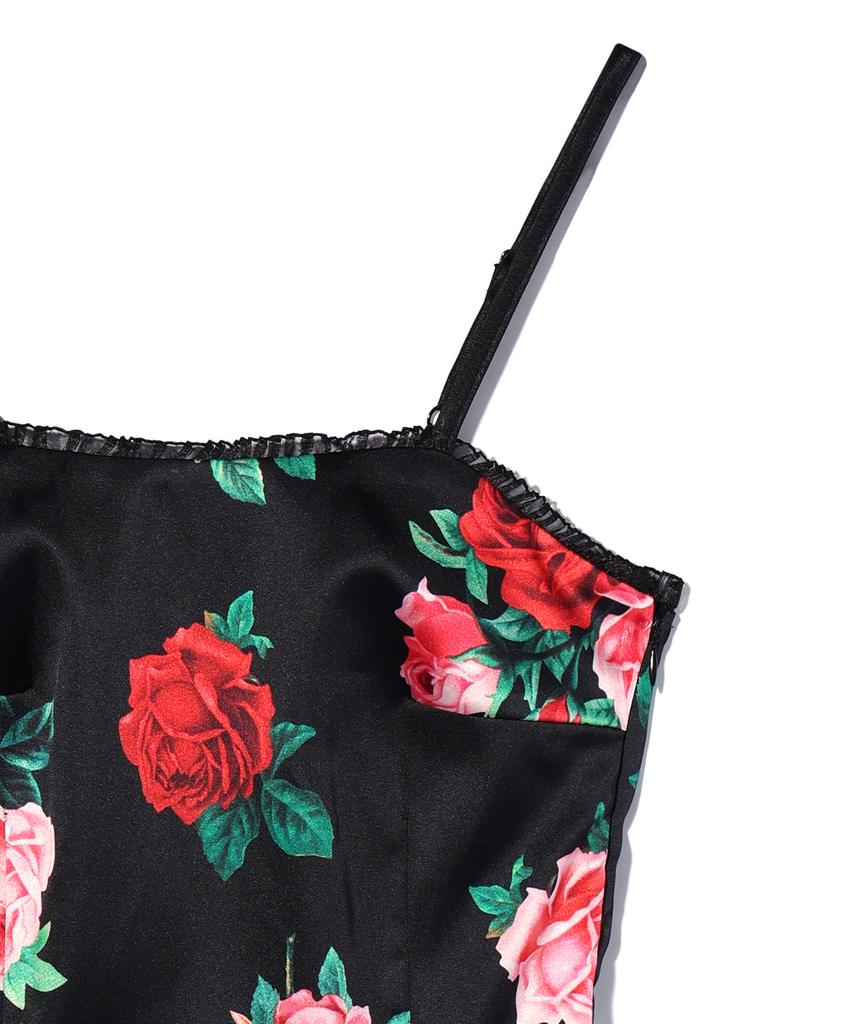 YOUHEE Satin Flower Pattern Dress Black