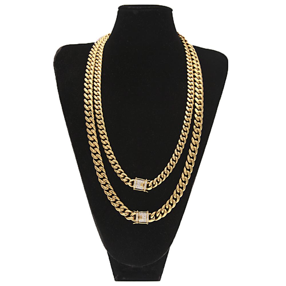 Luxury Heavy Cuban Link Chain Iced Out Rhinestones Triple Lock Stainless Steel Long Necklace Men Hiphop Rapper Jewelry
