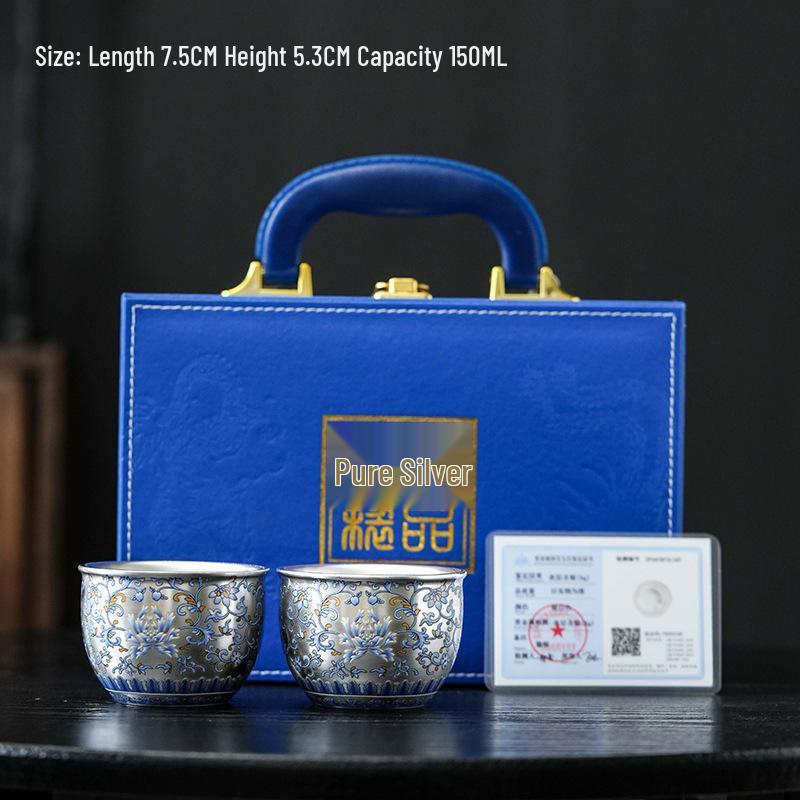Retro Blue & White Ceramic Silver-Plated Tea Cup - Kung Fu Tea Host's Tasting Bowl.