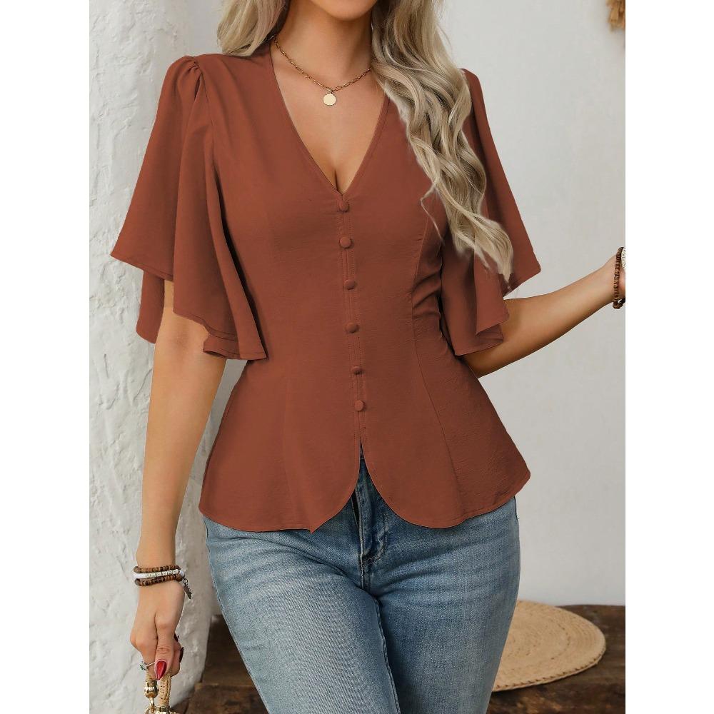 Fashionable and Elegant Deep V-neck Solid-color Single-button Belted Ladies' Short-sleeved Top
