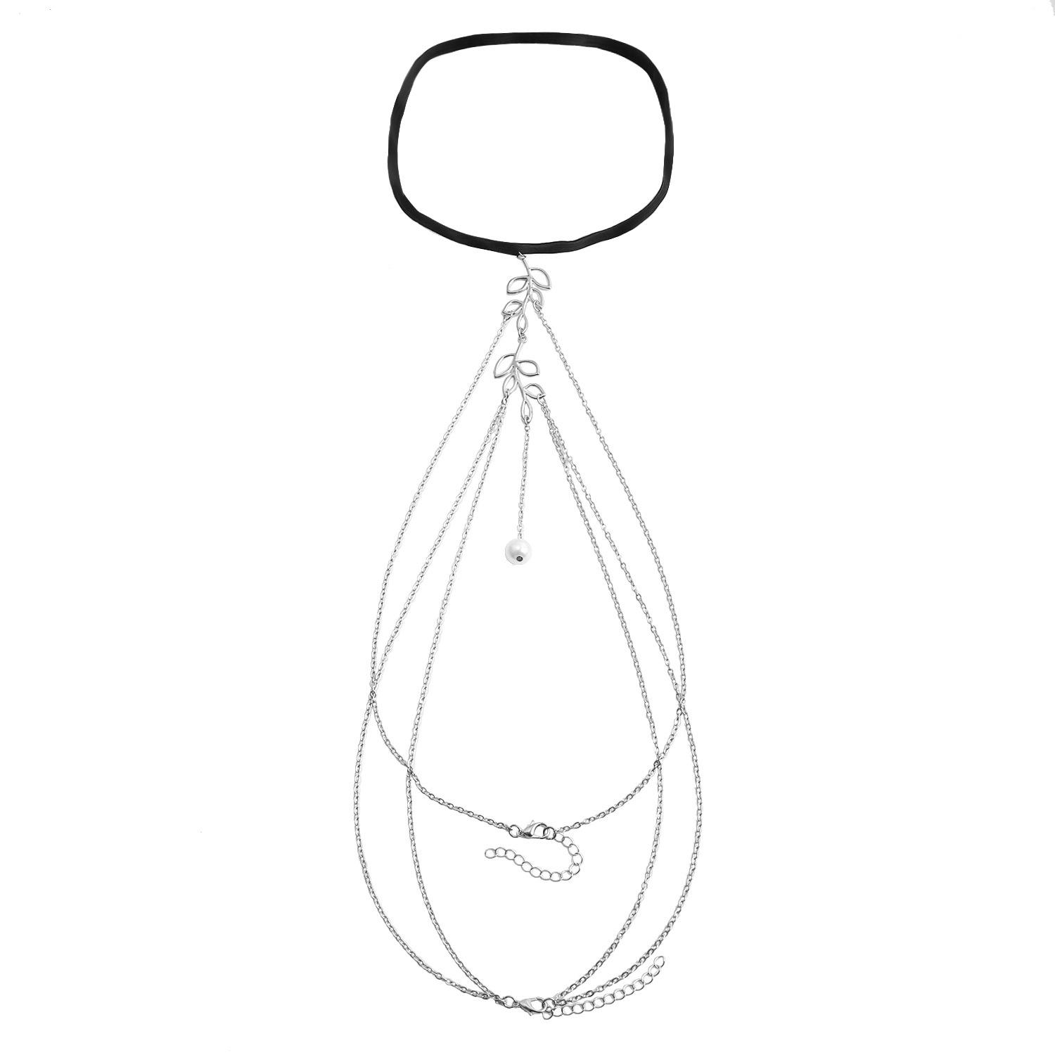 

Foreign trade jewelry, sexy beach leg chain hollow leaf body chain, simple fringed imitation pearl pendant leg chain