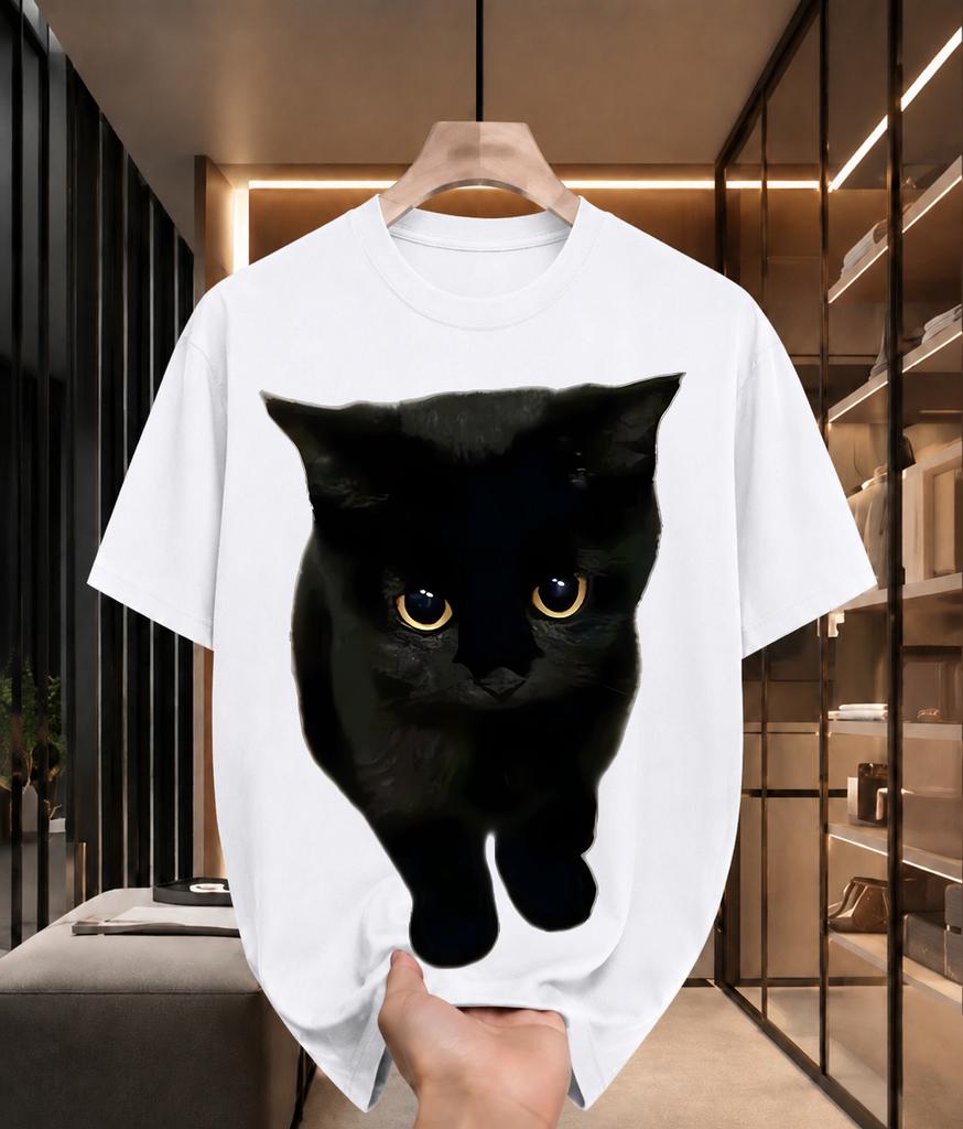 2026 New Arrival Pure Cotton Tshirt 3d Vivid Black Cat Cute Pet Print Crew Neck Unisexs Top Casual Short Sleeve