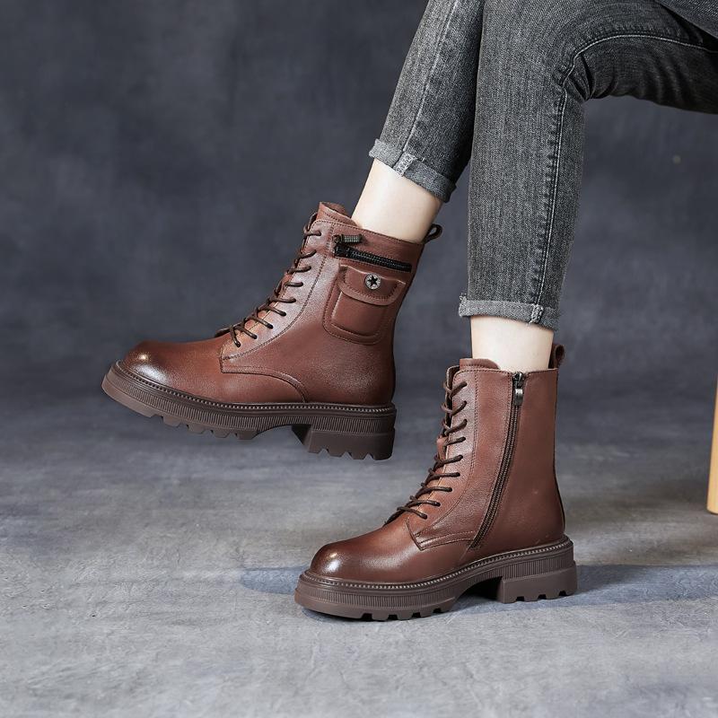 The first layer of cowhide Martin boots for women's 2025 autumn and winter new retro leather velvet medium tube British style women's boots for women