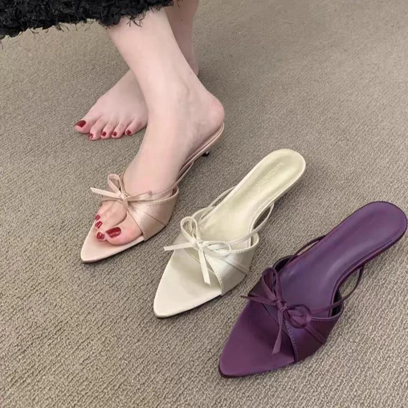 Fashion Summer New Rhinestone Mesh Pointed Toe Fish Mouth High Heels Stiletto Sexy One Word Outwear Half Slip Sandals