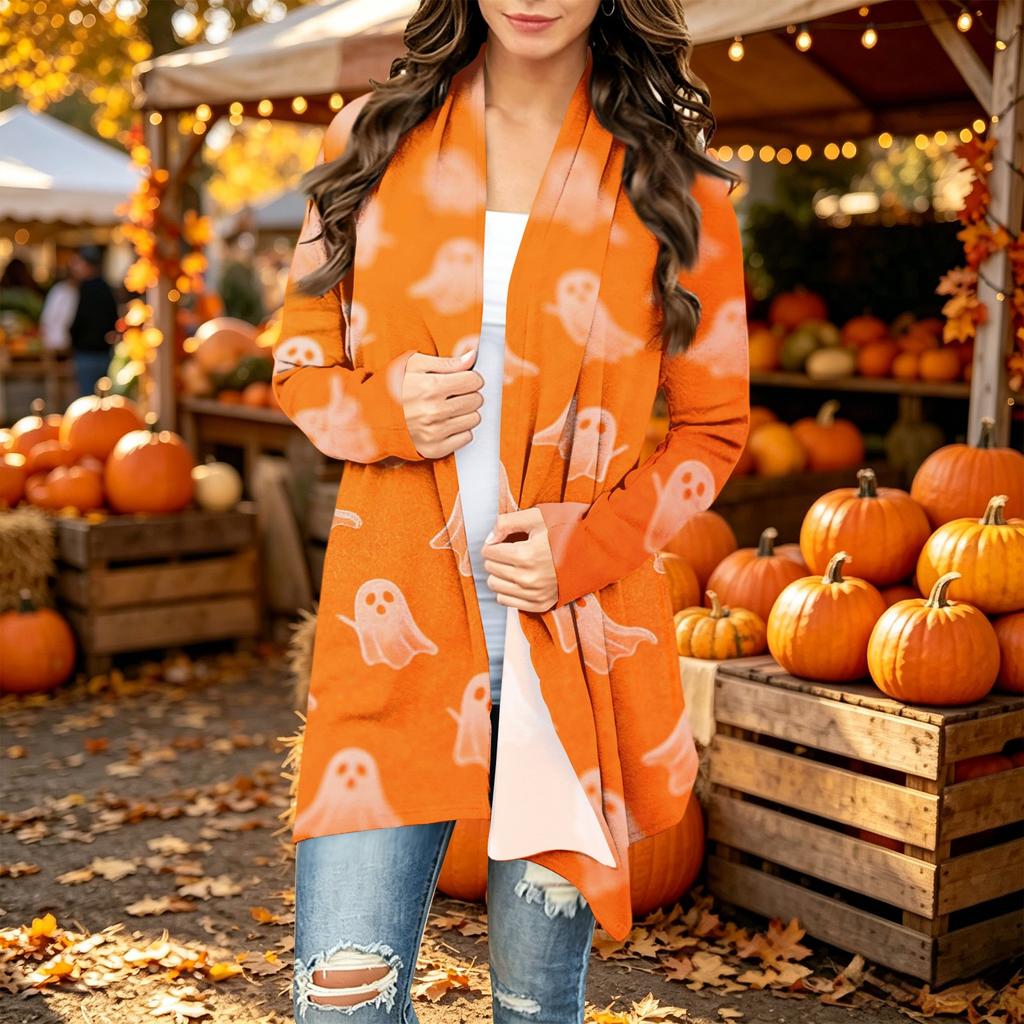 Damen Trendy Halloween-Print Langarm-Strickjacke Pullover für Lässige Herbstmode