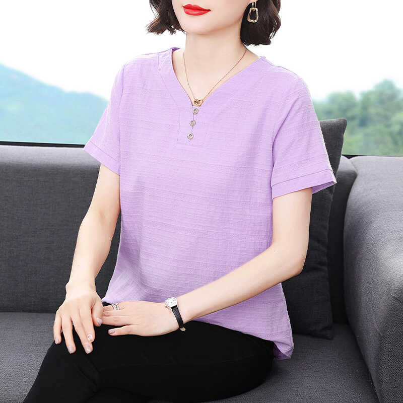 

Футболка с короткими рукавами для женщин. Летний новый стиль для людей среднего и пожилого возраста. Прикрывает живот. Повседневный топ для поездок на работу, замедляющий старение. 4XL