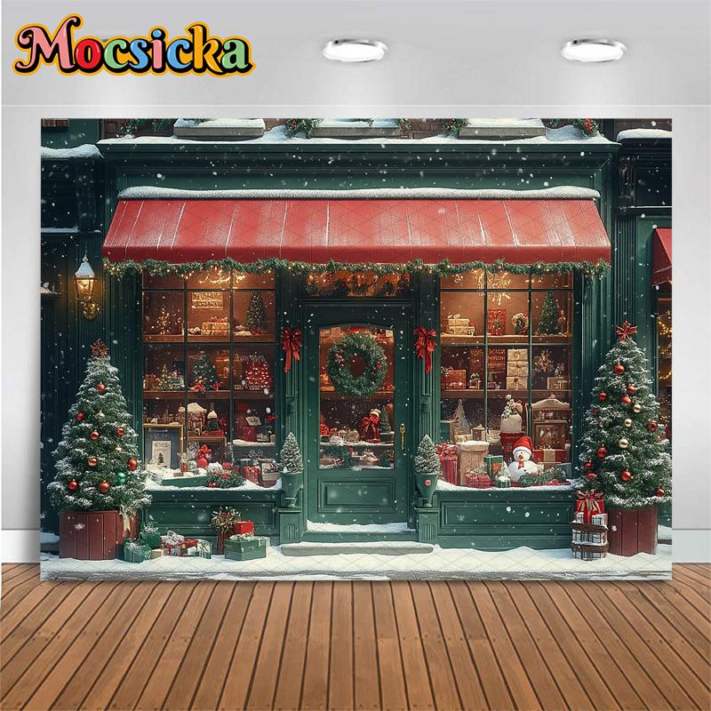 Mocsicka Christmas Shop Backdrop Photography House Tree Party Children Baby Photo Background Snow Gifts Store Decorations Banner