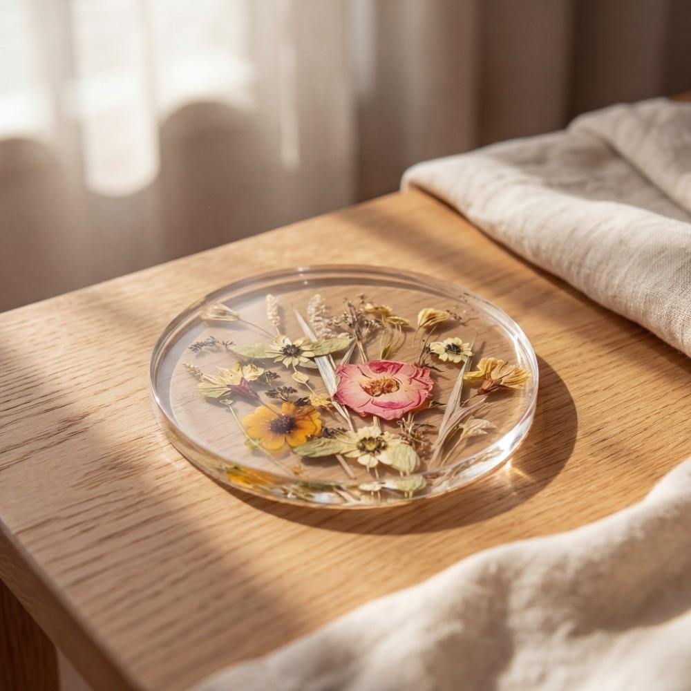 Round Floral Print Coasters Transparent Cup Mat Durable Insulation Pad Tea Table