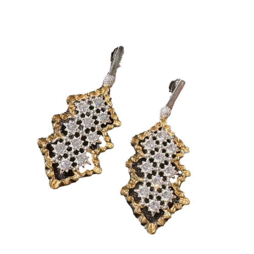 Lace Honeycomb Star Glow Gemstone Earrings Vintage Plated 18K Gold, Curved Brushed, Bell Zircon Necklace Ring
